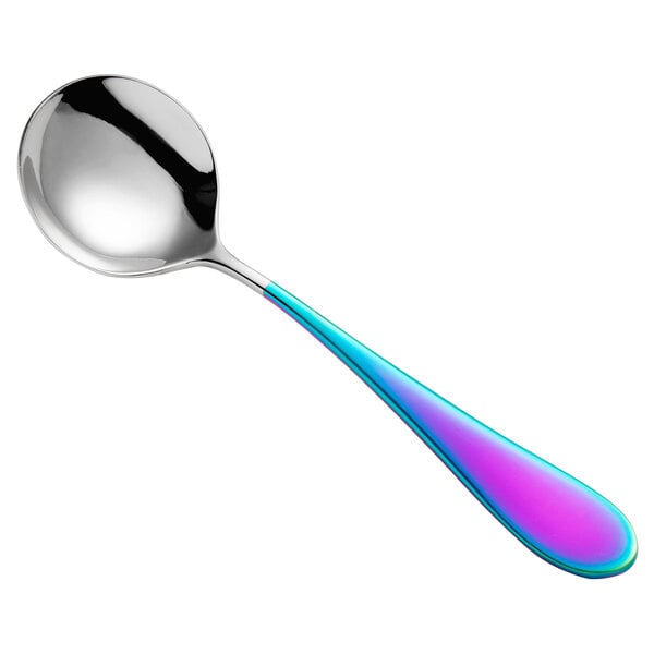 A Reserve by Libbey stainless steel bouillon spoon with a colorful handle.