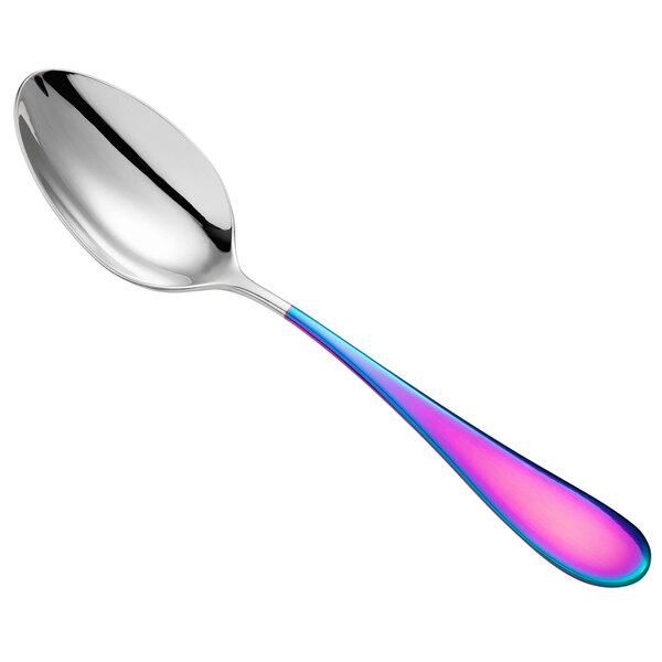 A Reserve by Libbey stainless steel teaspoon with a rainbow colored handle.