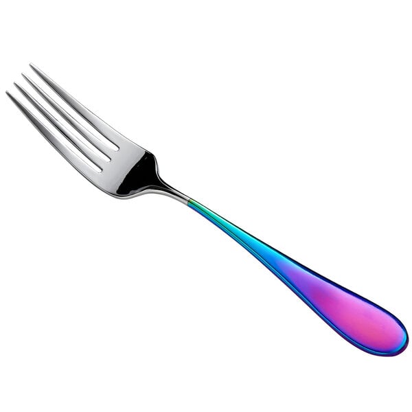 A close-up of a Reserve by Libbey Santa Cruz Chroma dinner fork with a colorful handle.