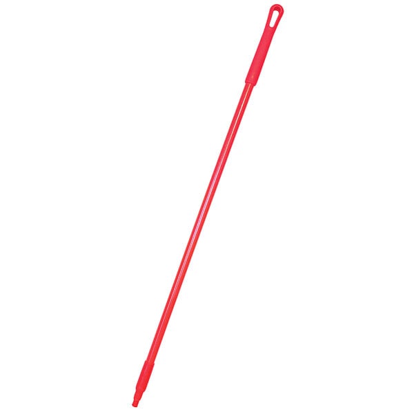 A red plastic Carlisle Sparta broom/squeegee handle.