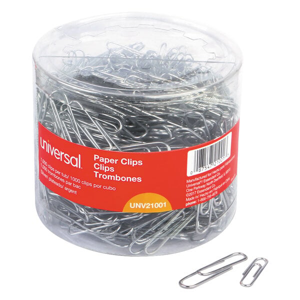 A clear container of Universal plastic-coated paper clips.