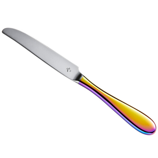 A silver knife with a colorful rainbow handle.