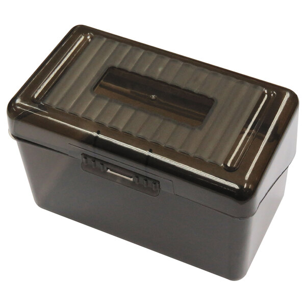 A Universal black translucent plastic index card box with a lid.
