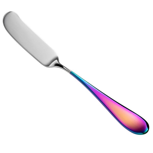 A Reserve by Libbey stainless steel butter spreader with a flat, rainbow-colored handle.