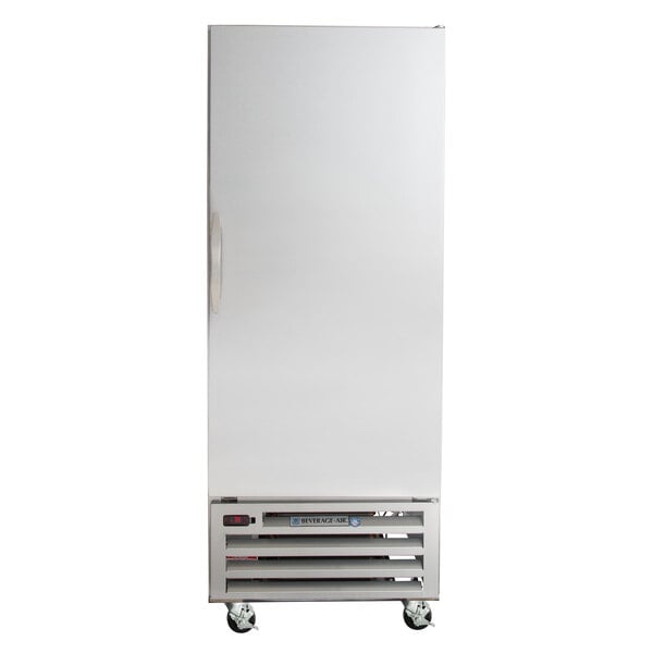 A Beverage-Air white reach-in refrigerator with one solid door and a handle.