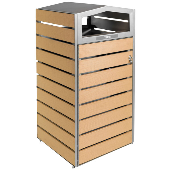 A Commercial Zone WoodView rectangular wooden trash can with a dome lid.