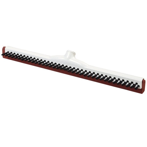 A white and red Carlisle floor squeegee with black bristles.