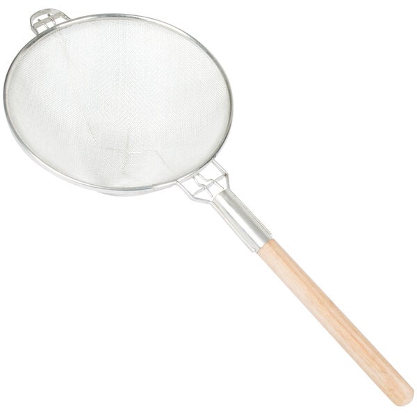 A Tablecraft metal strainer with wooden handle.