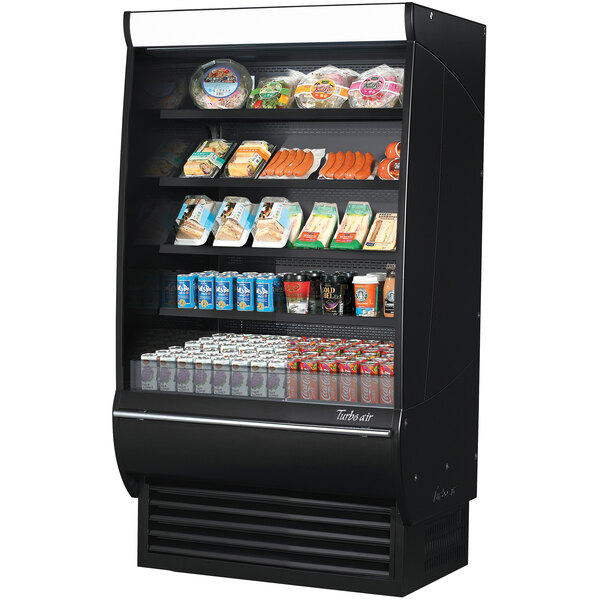 A black Turbo Air air curtain merchandiser with different types of food on shelves.