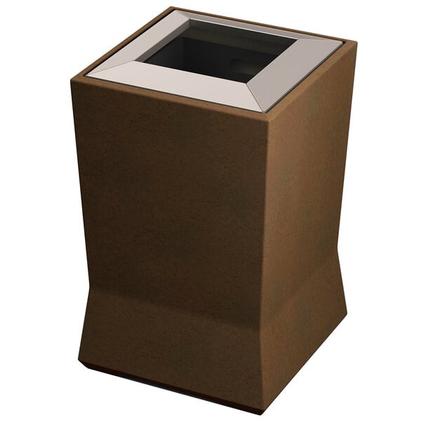 A brown rectangular trash container with a stainless steel lid.