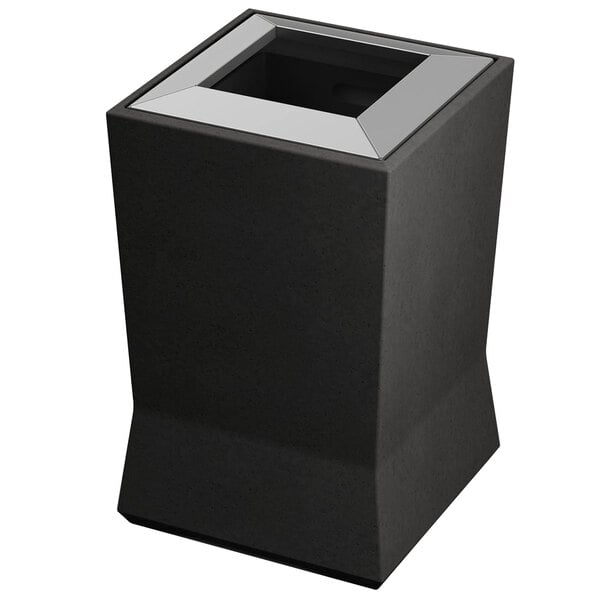 A black rectangular Commercial Zone waste container with a stainless steel square lid.