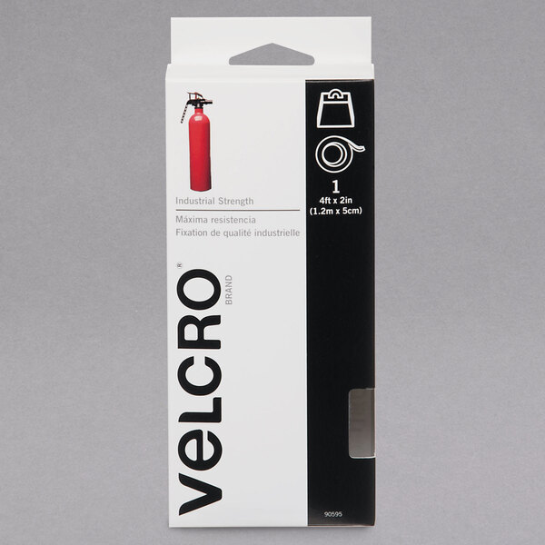 A white box of Velcro 2" x 4' white industrial strength tape.