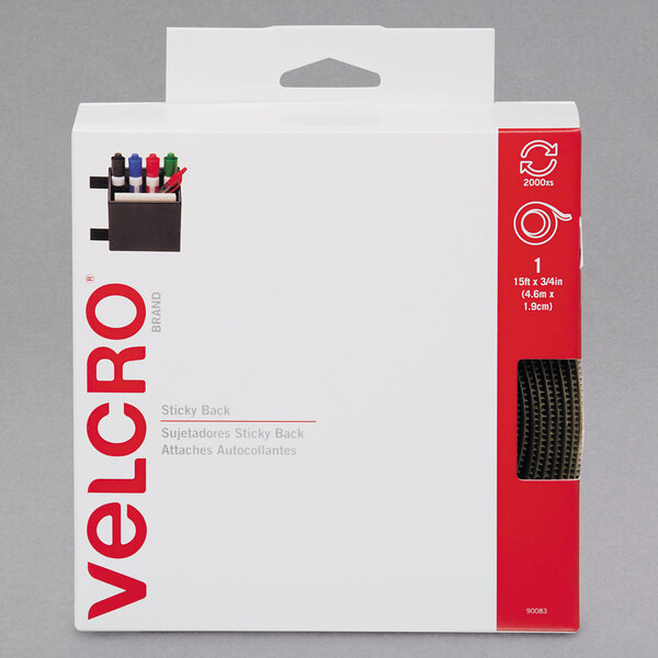 A white box of Velcro® beige sticky-back hook and loop tape with a red and black label.