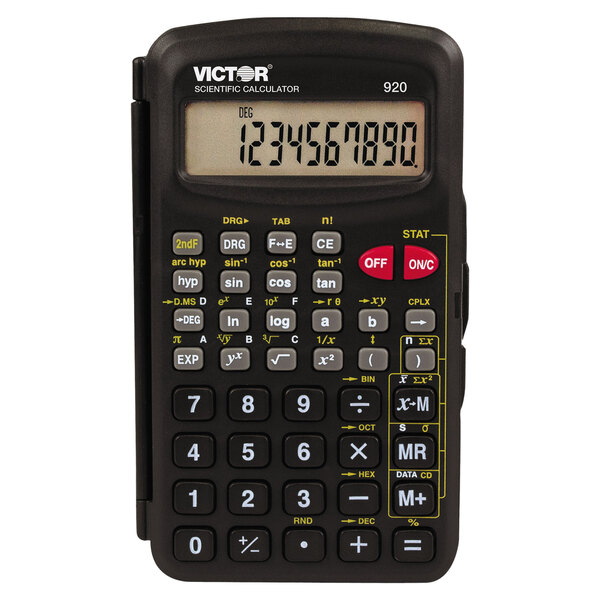 A close-up of a black Victor scientific calculator display.