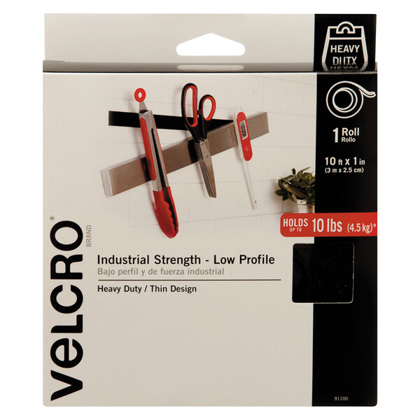 A box of Velcro 91100 industrial strength tape with black and white packaging.