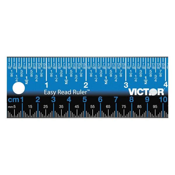 A close-up of a Victor blue stainless steel ruler with white and black text.