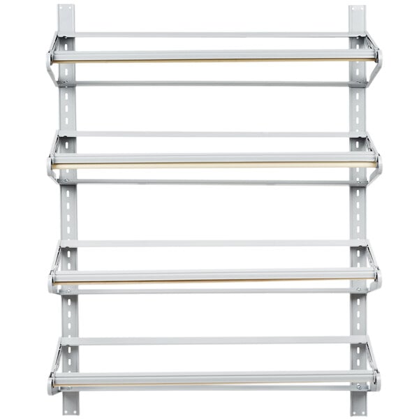 A white metal Bulman wall rack with four horizontal shelves for paper rolls.