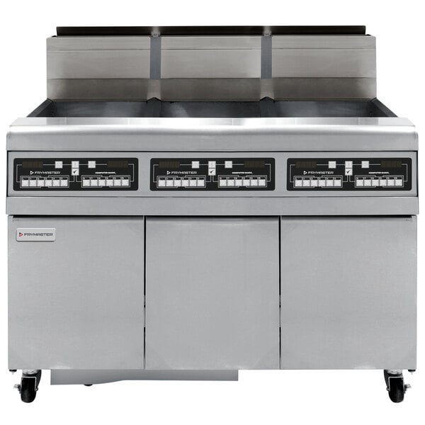 Frymaster FMJ350 50 lb. Natural Gas Three Unit Floor Fryer with Filtration System and Computer Magic III.5 Controls - 366,000 BTU