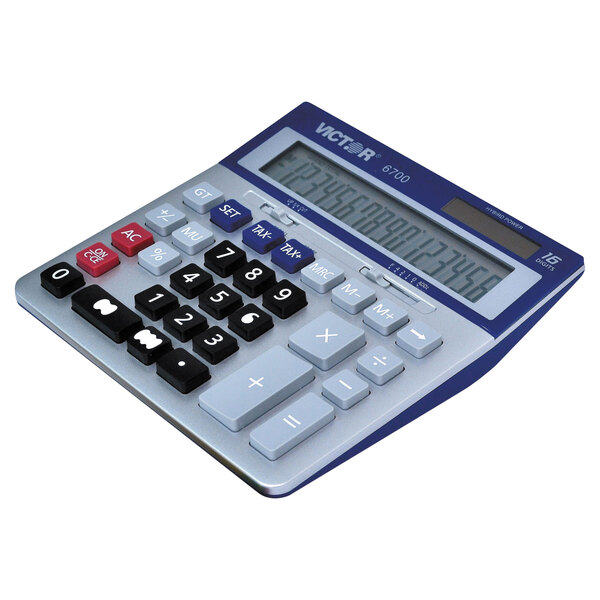 A Victor large desktop calculator with a 16-digit blue and black display.