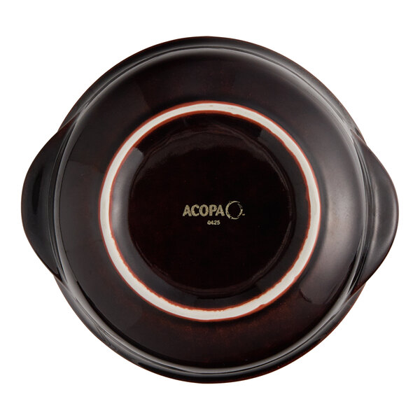 A brown porcelain onion soup crock with handles, viewed from the bottom, branded with 'Acopa.'