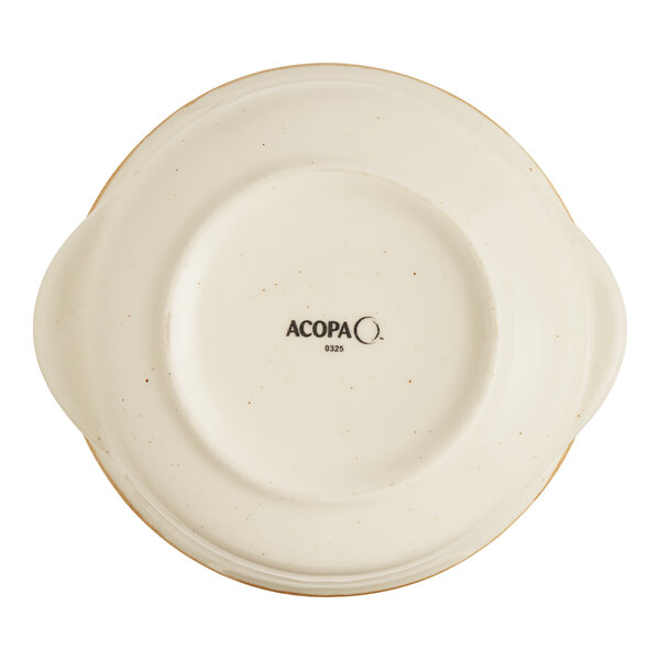A round, cream-colored porcelain onion soup crock with handles, shown from the bottom with the Acopa brand mark.