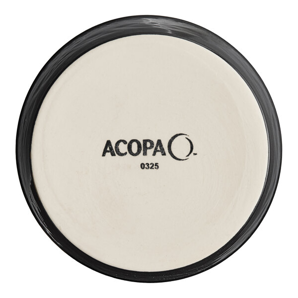 A small round stoneware ramekin with a black rim and the brand name 'Acopa' printed on the bottom.
