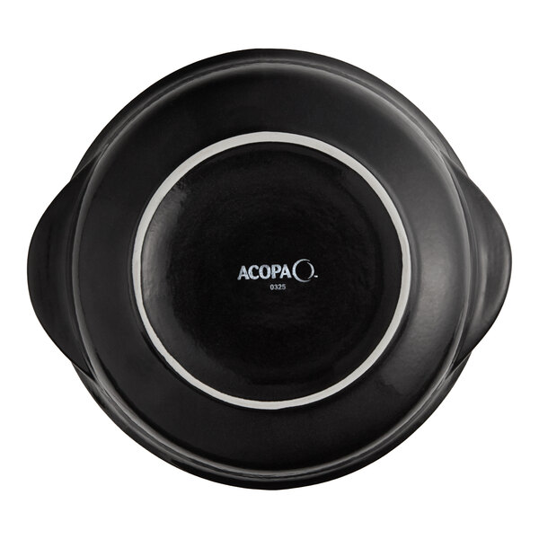 A black porcelain onion soup crock with handles, viewed from the bottom, branded with the Acopa logo.