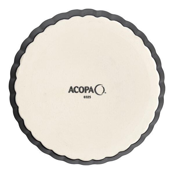 A round, white porcelain souffle or creme brulee dish with a scalloped black rim and the brand name 'Acopa' printed on the bottom.