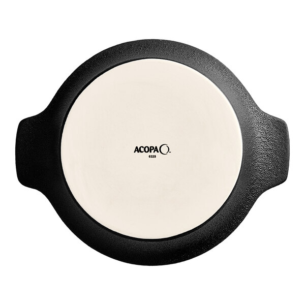 A black and white porcelain casserole dish with handles, labeled 'Acopa' on the bottom.
