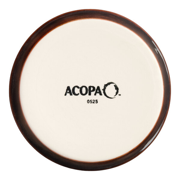 A small round stoneware ramekin with a chestnut brown rim and the Acopa logo on the bottom.