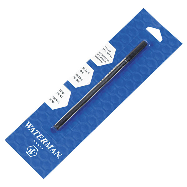 A Waterman black ink roller ball pen refill in blue packaging.