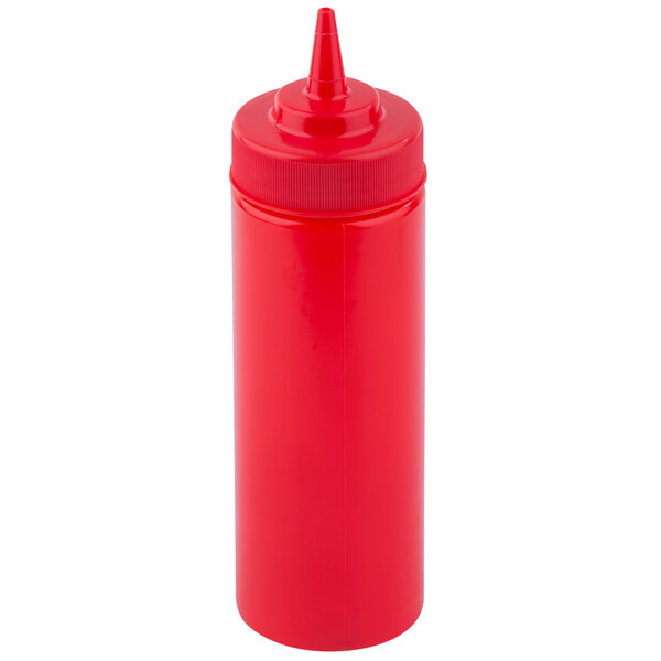 A red plastic Tablecraft WideMouth Cone Tip Squeeze Bottle with a red lid.