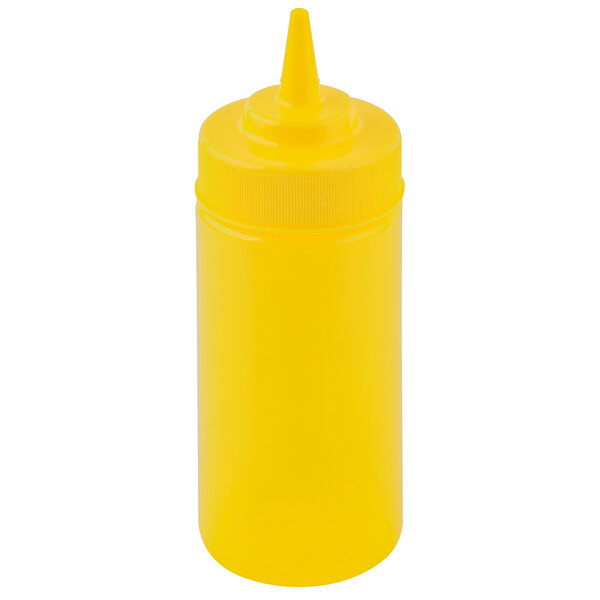 A yellow plastic Tablecraft squeeze bottle with a yellow cone tip.