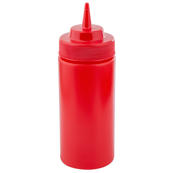 A red plastic Tablecraft squeeze bottle with a lid.