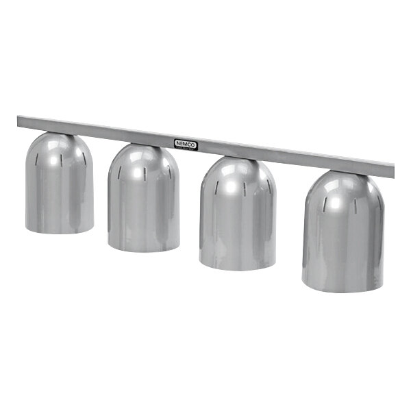 A Nemco Suspension Bar Heat Lamp with four silver cylindrical light fixtures.