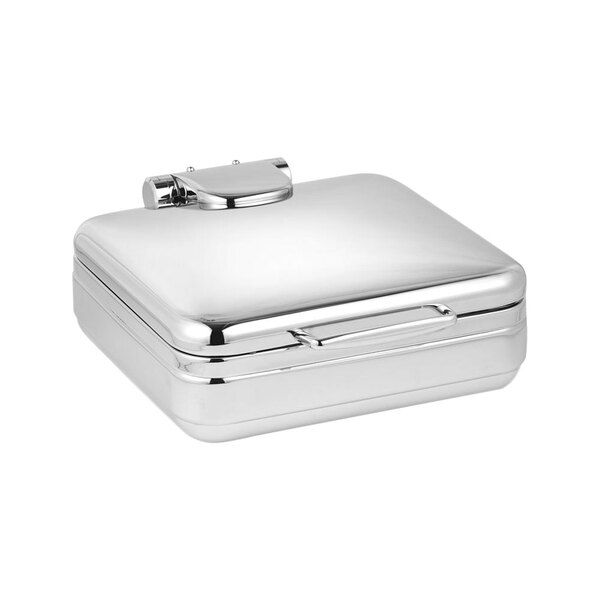 A silver metal container with a hinged lid.
