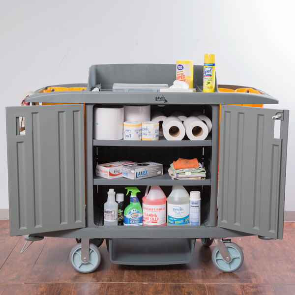 Locking Storage Cart w/ Wheels (Lavex 3Shelf Housekeeping Cart)