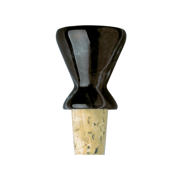 A black and white marble wine stopper with a wooden handle.