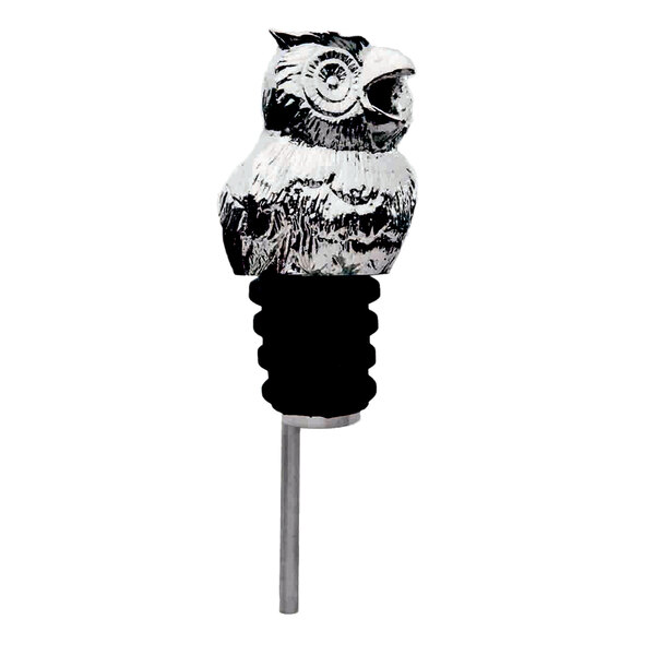 A silver owl wine pourer on a black and white stand.