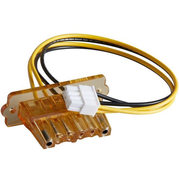 A yellow and white power cable with a white connector and a yellow and black cable with a white connector.