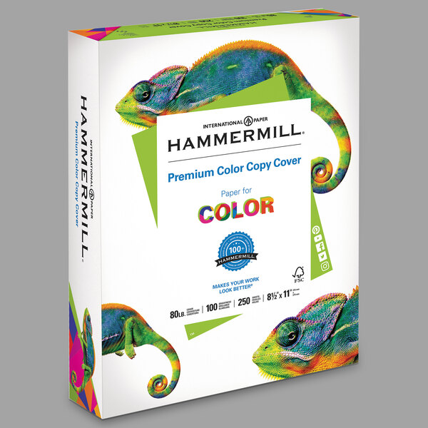 A white box of Hammermill Premium Photo White Color Copy Cover Paper with colorful chameleons on it.