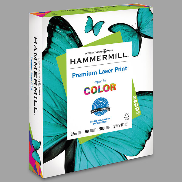 A white box of Hammermill premium laser paper with a blue label.