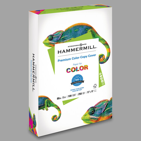 A white box of Hammermill color copy paper with a colorful chameleon pattern on it.