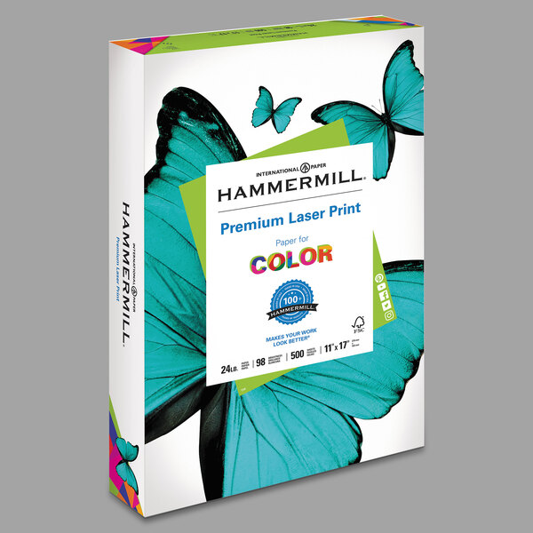 A white box of Hammermill Premium Laser White Copy Paper with blue and colorful text.