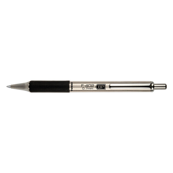 A Zebra F-402 pen with a black tip and stainless steel barrel.