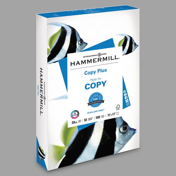 A white box of Hammermill copy paper with blue text and a logo of a black and white striped fish.
