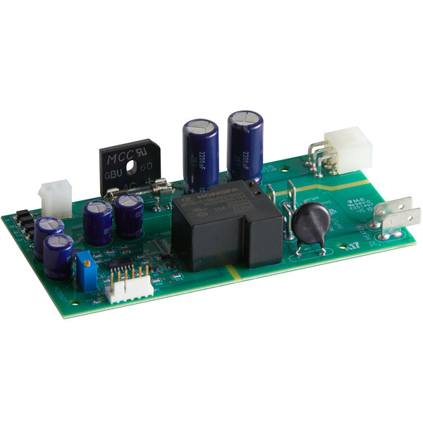 A green circuit board with blue and white components.