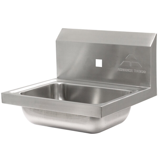 A stainless steel Advance Tabco hand sink with one square splash hole.