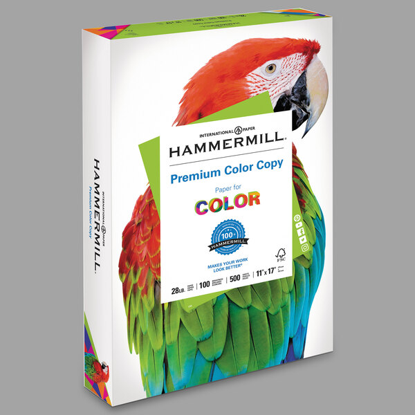 A white box of Hammermill Premium Photo White Color Copy Paper with a label showing a colorful bird.