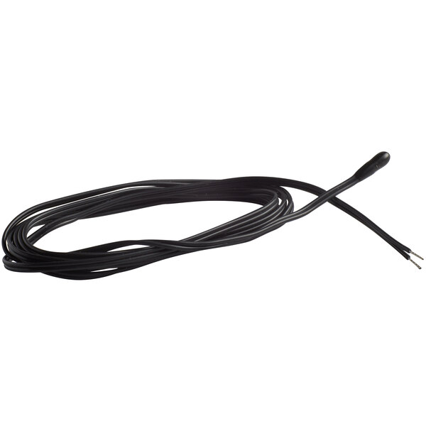 A black wire with a black tip on a white background.